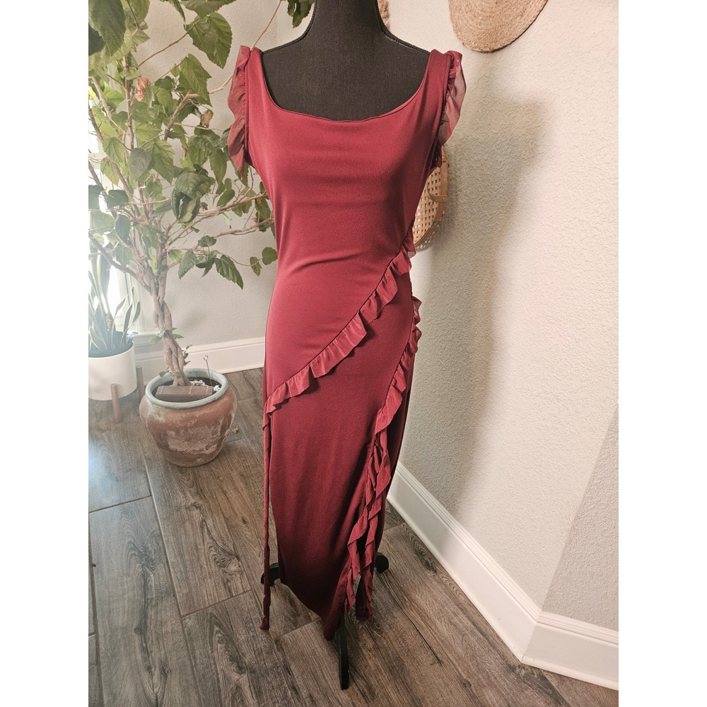 Burgundy Ruffle Trim Square Neck Maxi Dress Low Back Side Slit Maroon Large